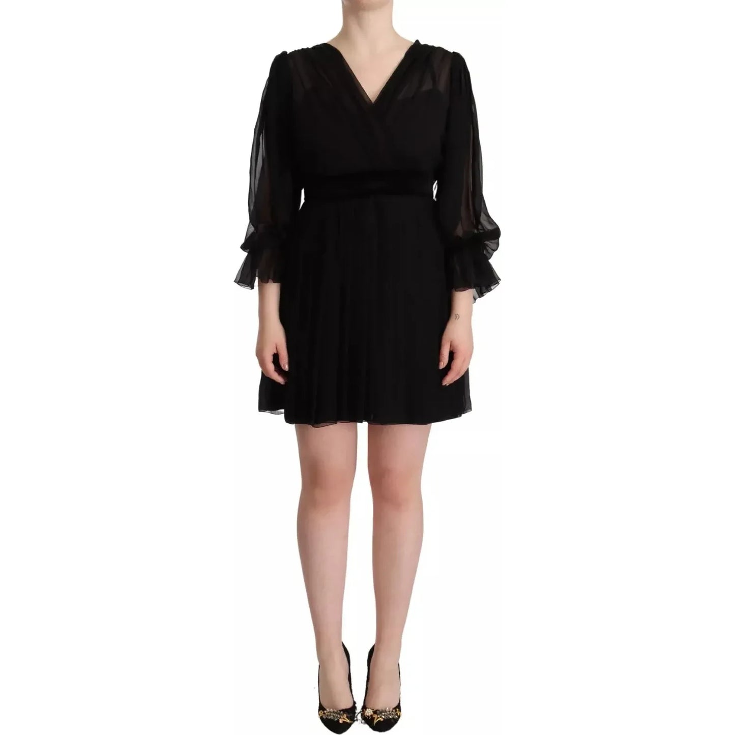 Dolce & Gabbana Black V-neck Long Sleeves Mini A-line Dress Dolce & Gabbana