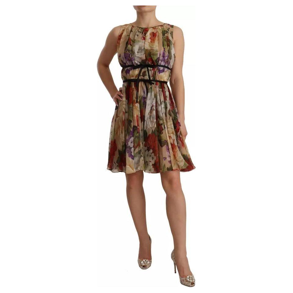 Dolce & Gabbana Beige Floral Sleeveless Round Neck Mini Dress Dolce & Gabbana