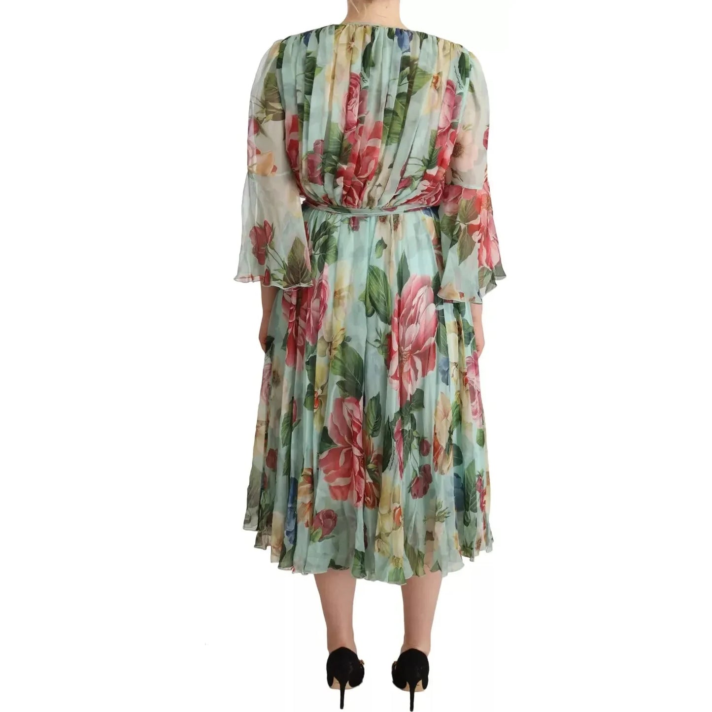 Dolce & Gabbana Green Floral Long Sleeve V-neck Midi Dress Dolce & Gabbana