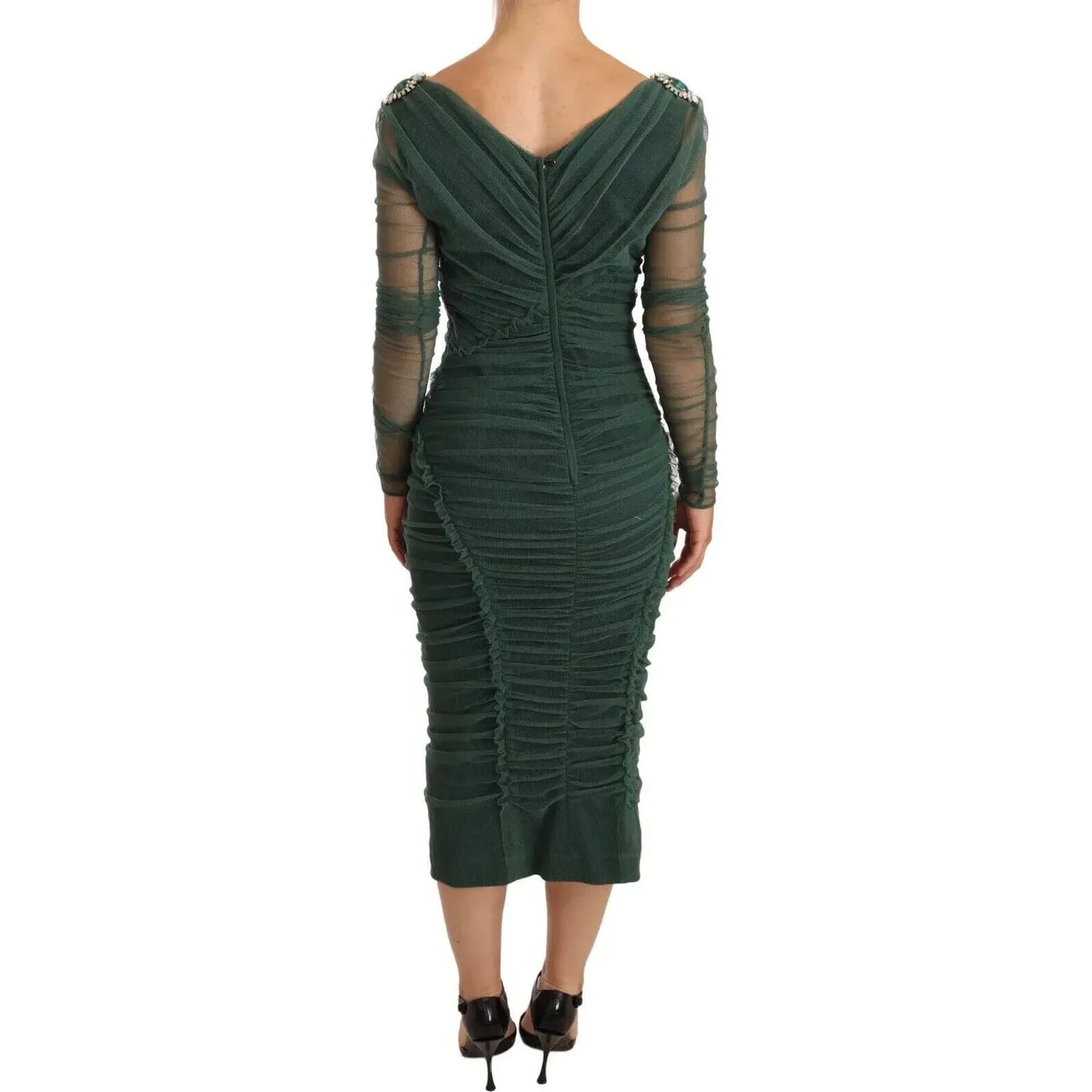 Dolce & Gabbana Green Ruched Stretch Tulle Crystal Midi Dress Dolce & Gabbana