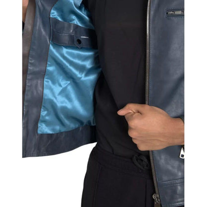 Dolce & Gabbana Blue Leather Full Zip Biker Blouson Jacket