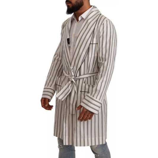 Dolce & Gabbana White Striped Cotton Robe Coat Wrap Jacket Dolce & Gabbana