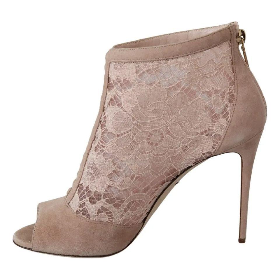 Dolce & Gabbana Beige Lace Suede Peep Toe Ankle Boots Shoes Dolce & Gabbana