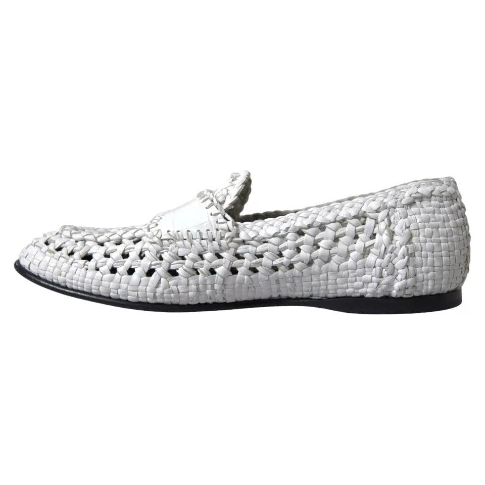 Dolce & Gabbana White Woven Leather Men Slip On Loafers Shoes Dolce & Gabbana