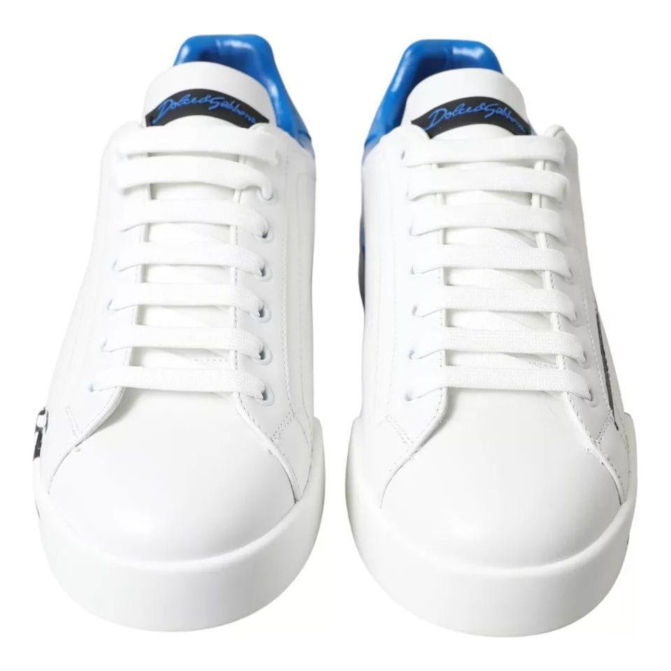 Dolce & Gabbana White Blue Leather Logo Low Top Sneakers Shoes Dolce & Gabbana