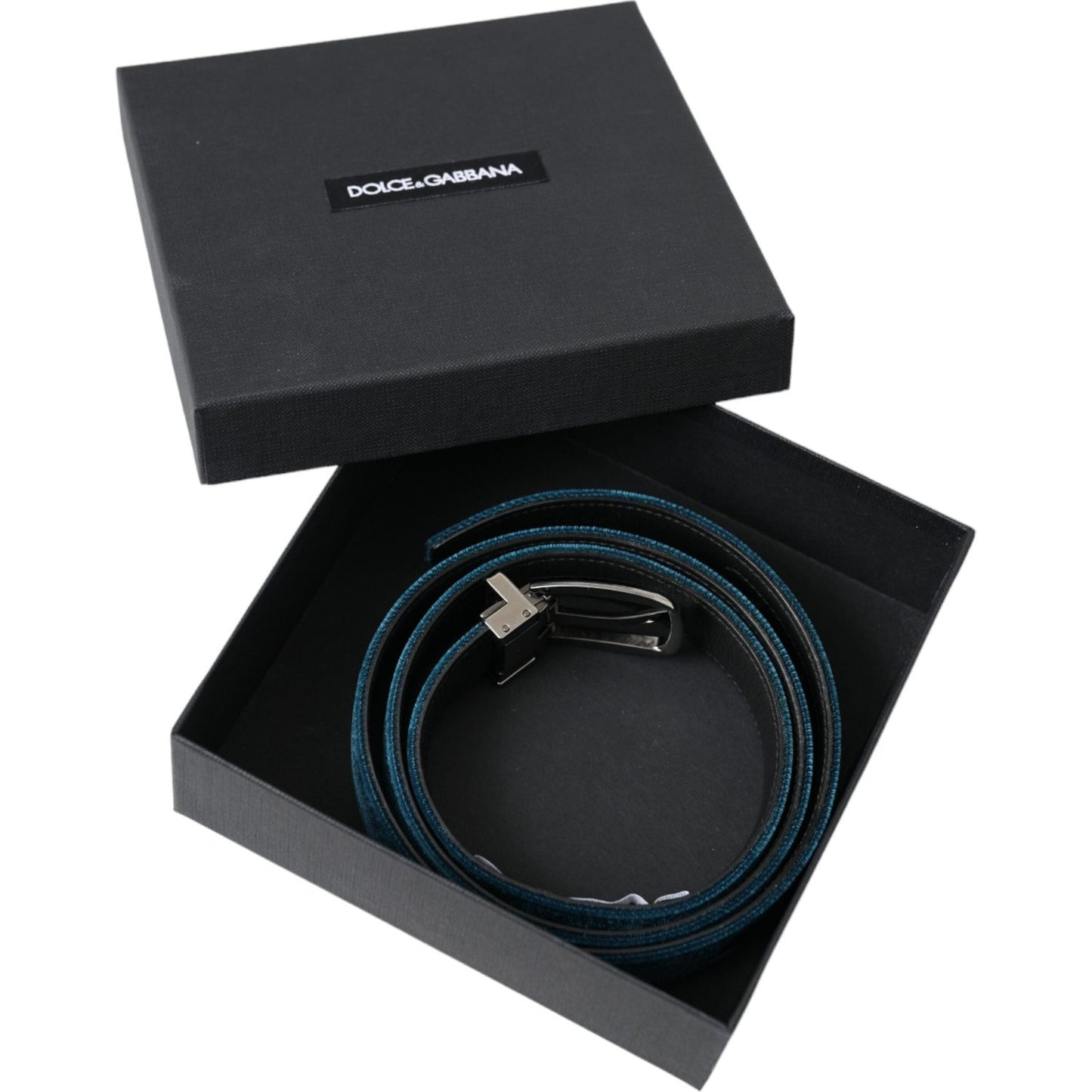 Dolce & Gabbana Blue Velvet Leather Silver Metal Buckle Belt Dolce & Gabbana