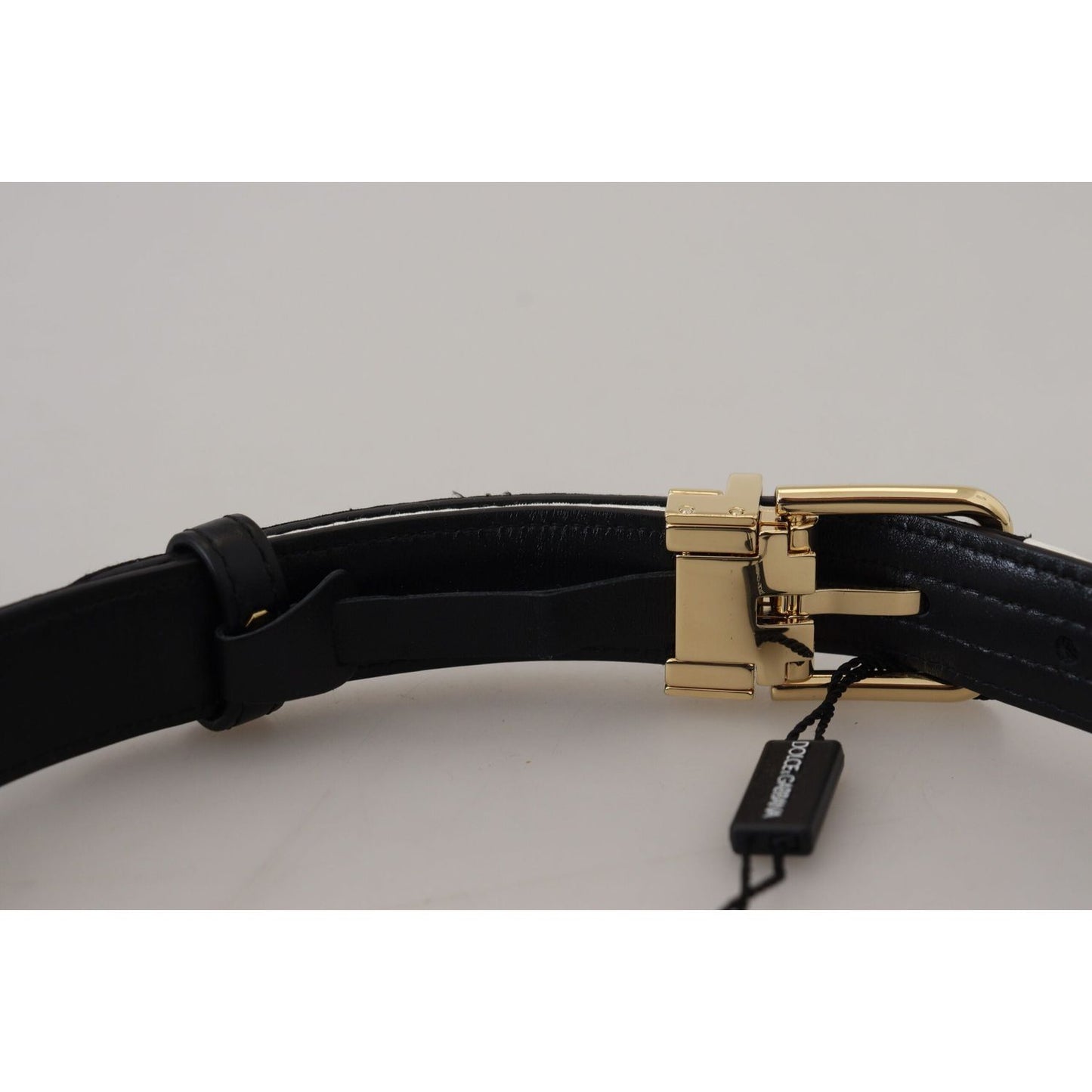 Dolce & Gabbana White Black Patchwork Gold Metal Buckle Belt Dolce & Gabbana