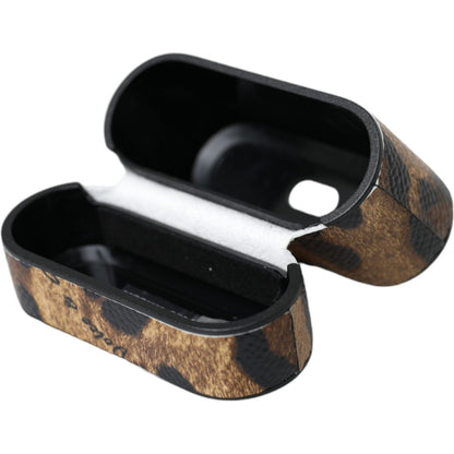 Dolce & Gabbana Brown Leopard Calf Leather Metal Logo Plaque Airpods Case