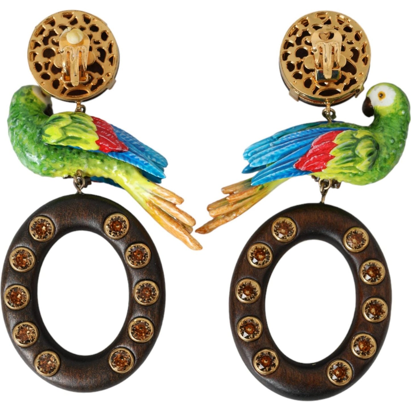 Dolce & Gabbana Multicolor Parrot Wood Brass Crystal Embellished Earring Earrings Dolce & Gabbana