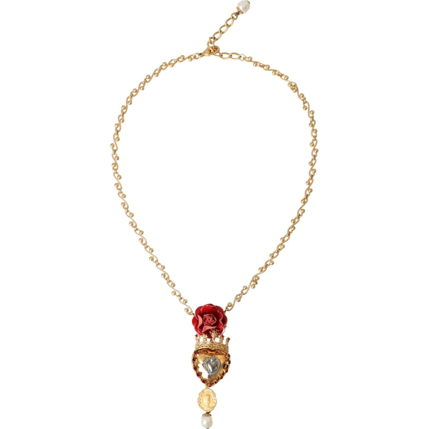 Dolce & Gabbana Gold BrassChain Sacred Heart Rose Crystal Charm Necklace Necklace Dolce & Gabbana