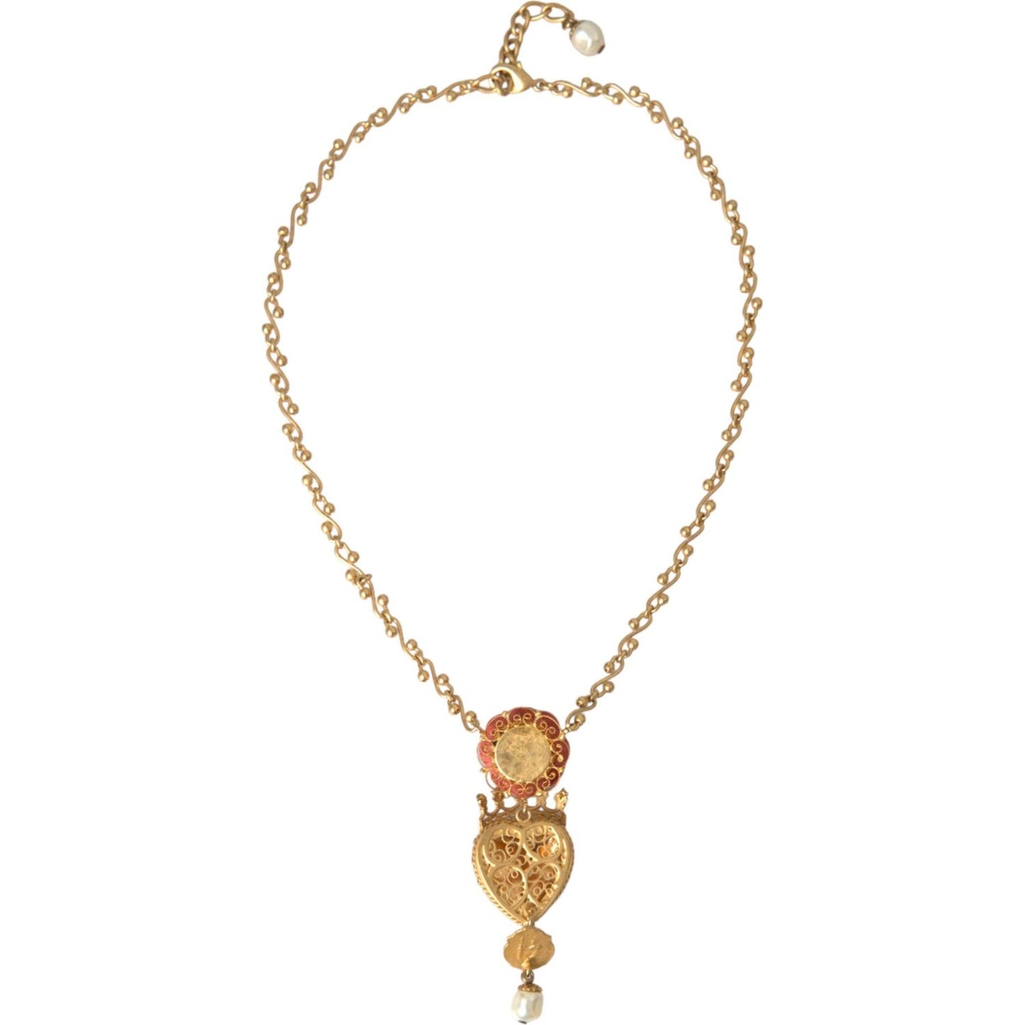 Dolce & Gabbana Gold BrassChain Sacred Heart Rose Crystal Charm Necklace Necklace Dolce & Gabbana