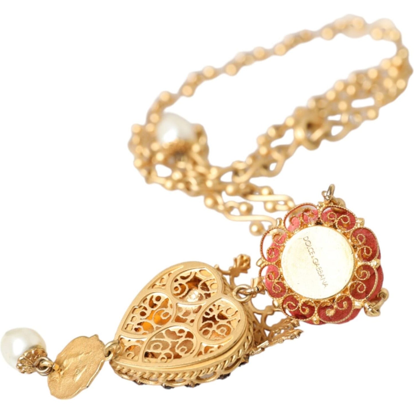 Dolce & Gabbana Gold BrassChain Sacred Heart Rose Crystal Charm Necklace Necklace Dolce & Gabbana