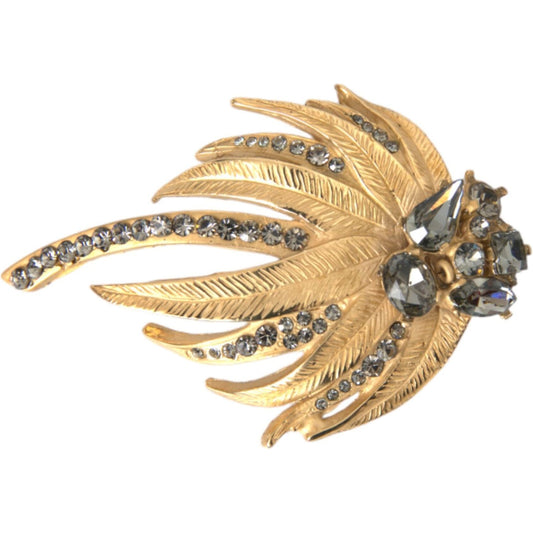 Dolce & Gabbana Gold Brass Leaf Crystal Embellished Brooch Pin Dolce & Gabbana