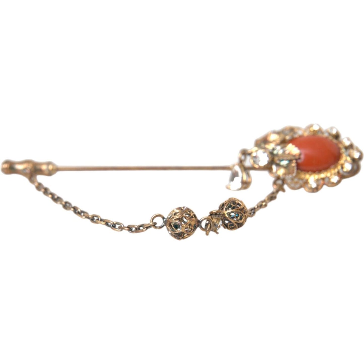 Dolce & Gabbana Gold Brass Crystal Chain 925 Sterling Silver Pin Brooch Dolce & Gabbana