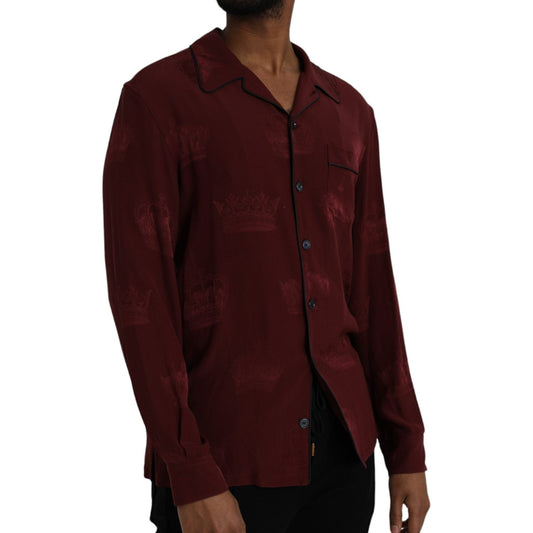 Dolce & Gabbana Maroon Crown Jacquard Silk Long Sleeve Shirt Dolce & Gabbana