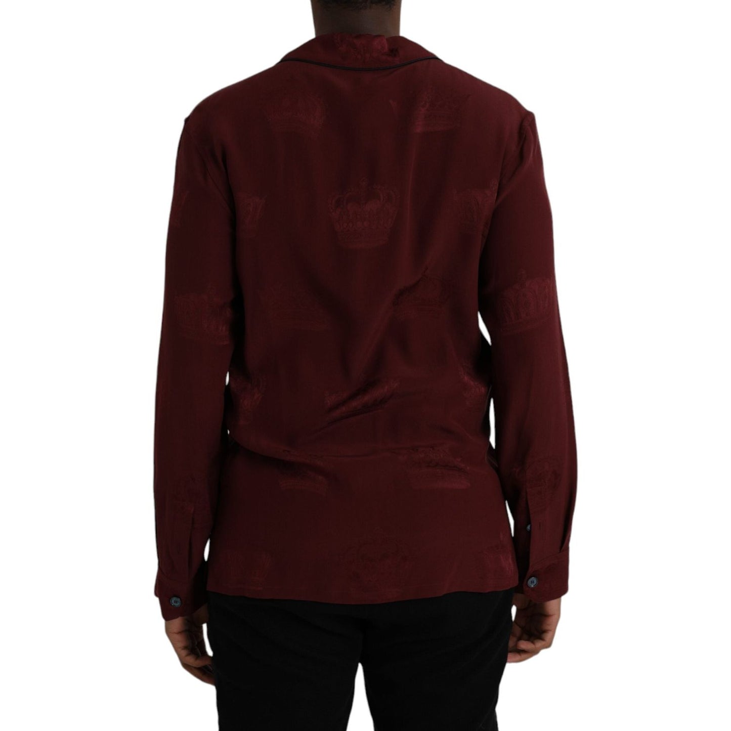 Dolce & Gabbana Maroon Crown Jacquard Silk Long Sleeve Shirt Dolce & Gabbana