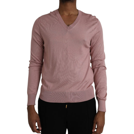 Dolce & Gabbana Pink Silk V-neck Long Sleeve Pullover Sweater Dolce & Gabbana