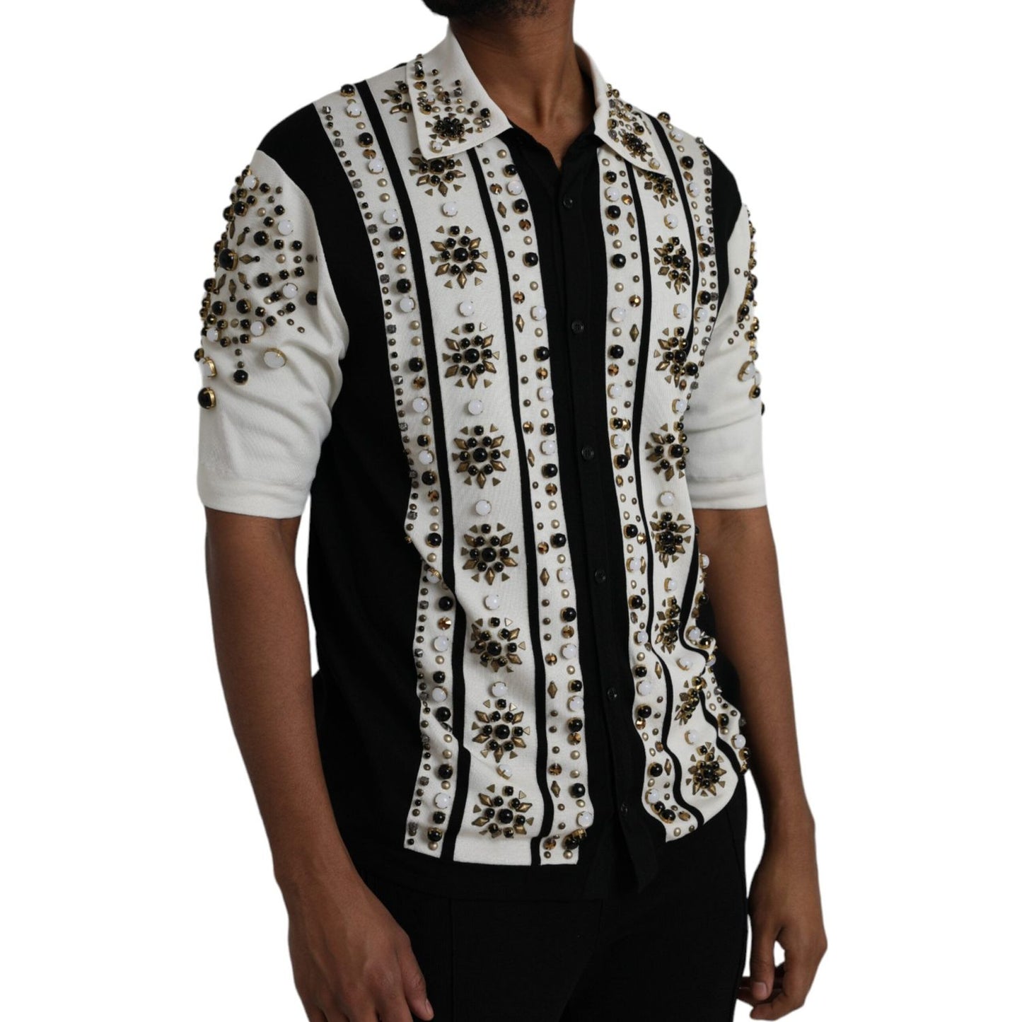 Dolce & Gabbana White Black Silk Studded Stone Crystal Shirt Dolce & Gabbana