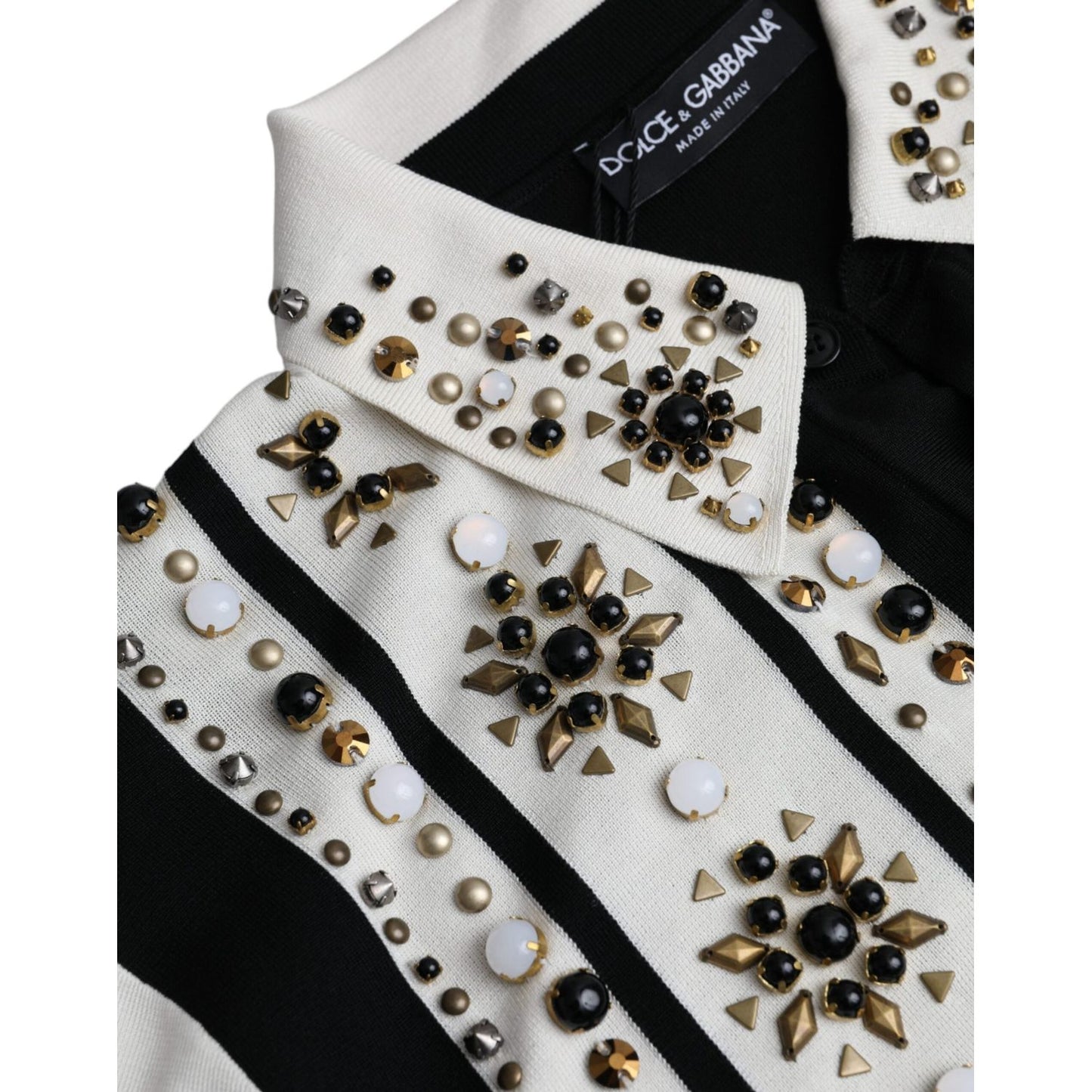 Dolce & Gabbana White Black Silk Studded Stone Crystal Shirt Dolce & Gabbana