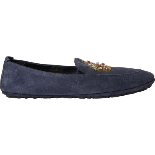 Dolce & Gabbana Blue Leather Suede Crystal Crown Loafers Shoes