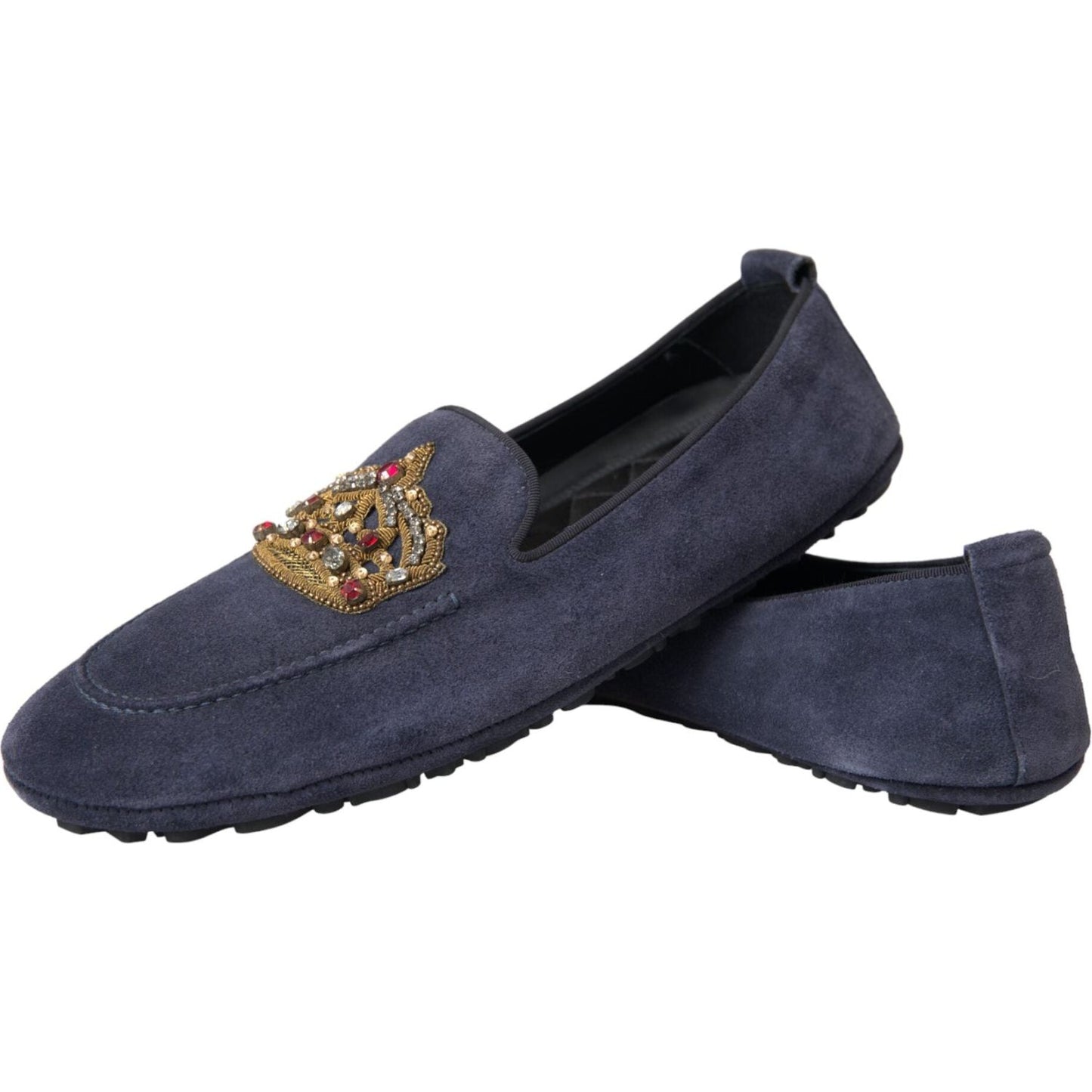 Dolce & Gabbana Blue Leather Suede Crystal Crown Loafers Shoes Dolce & Gabbana