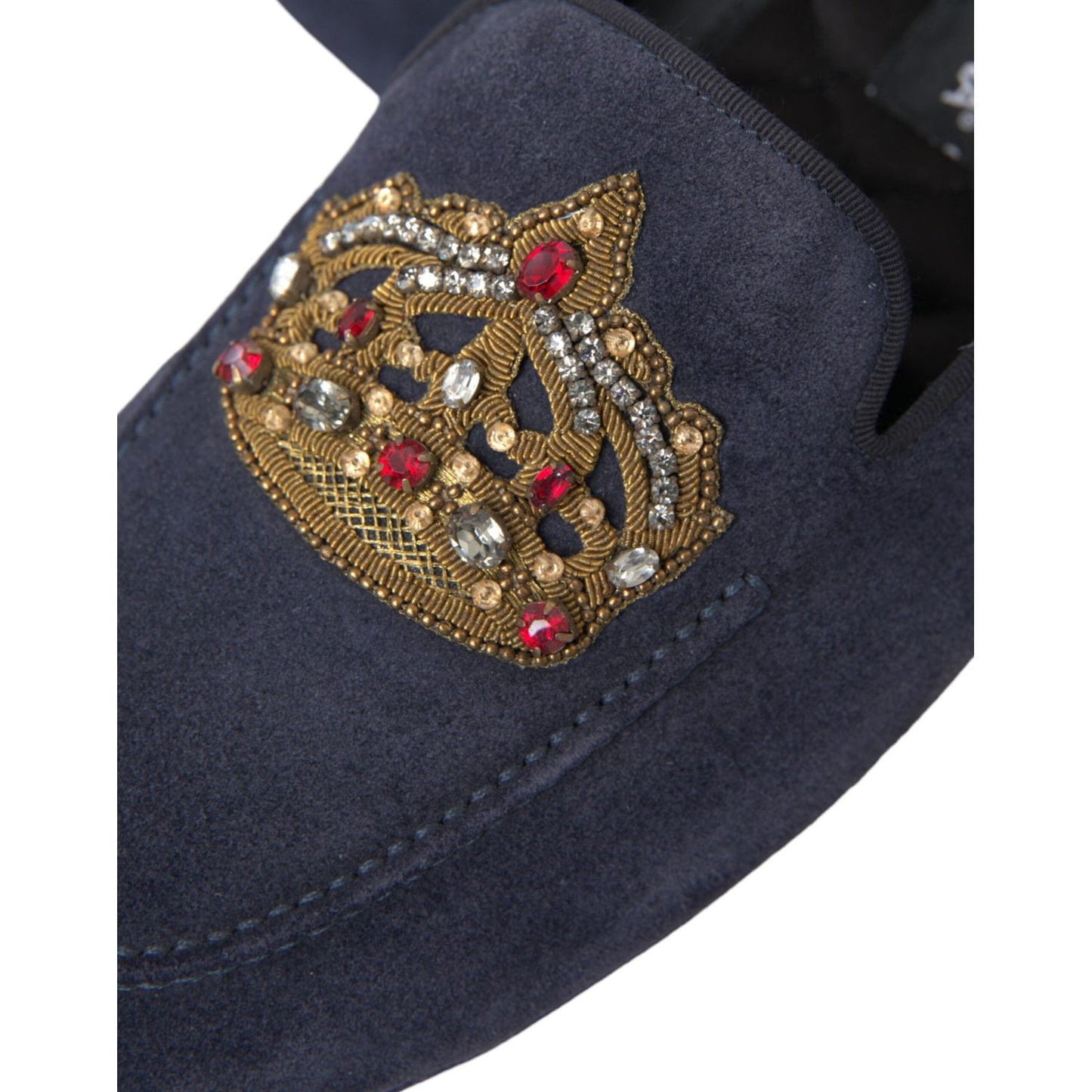 Dolce & Gabbana Blue Leather Suede Crystal Crown Loafers Shoes Dolce & Gabbana