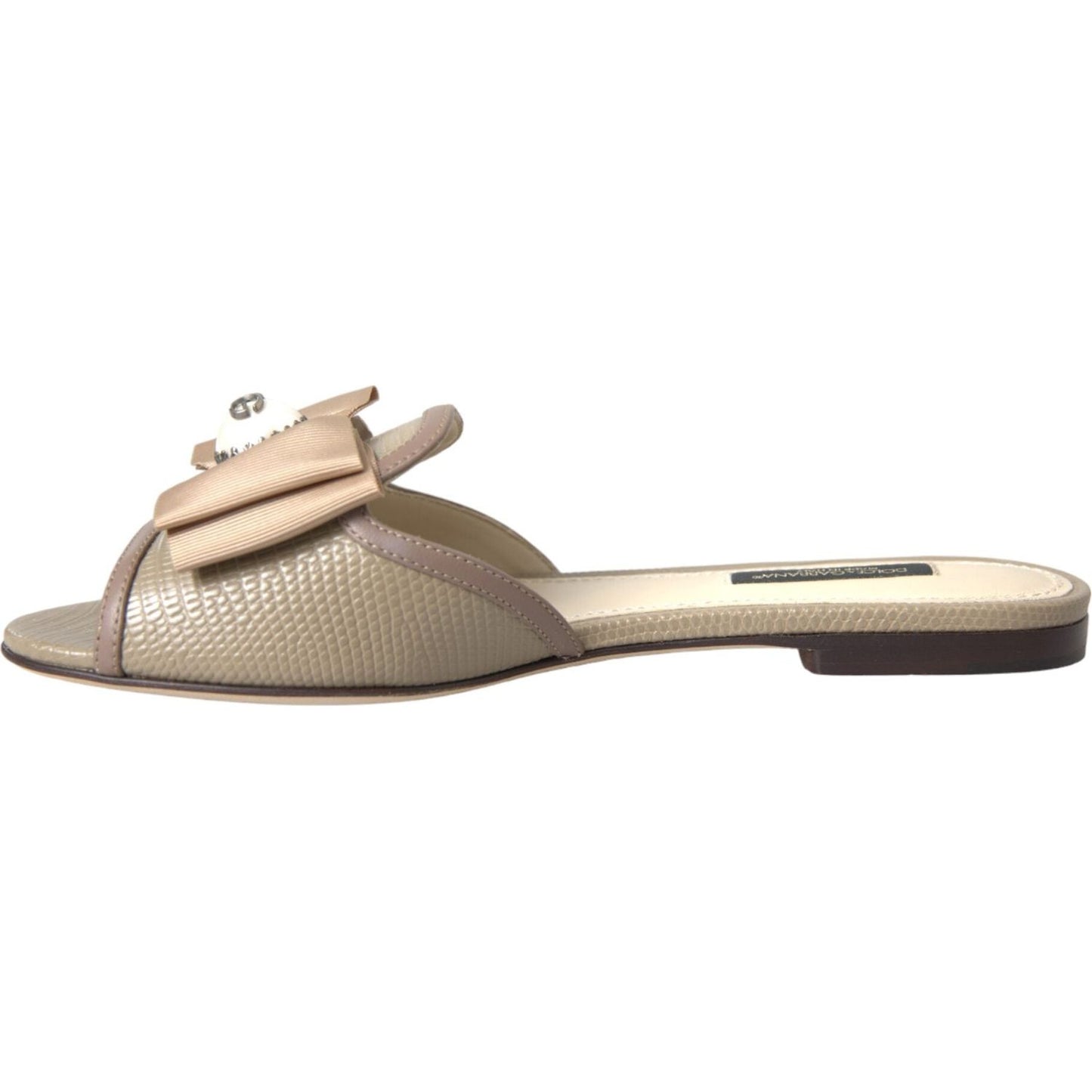 Dolce & Gabbana Beige Logo Pearl Flats Sandals Slides Shoes Dolce & Gabbana