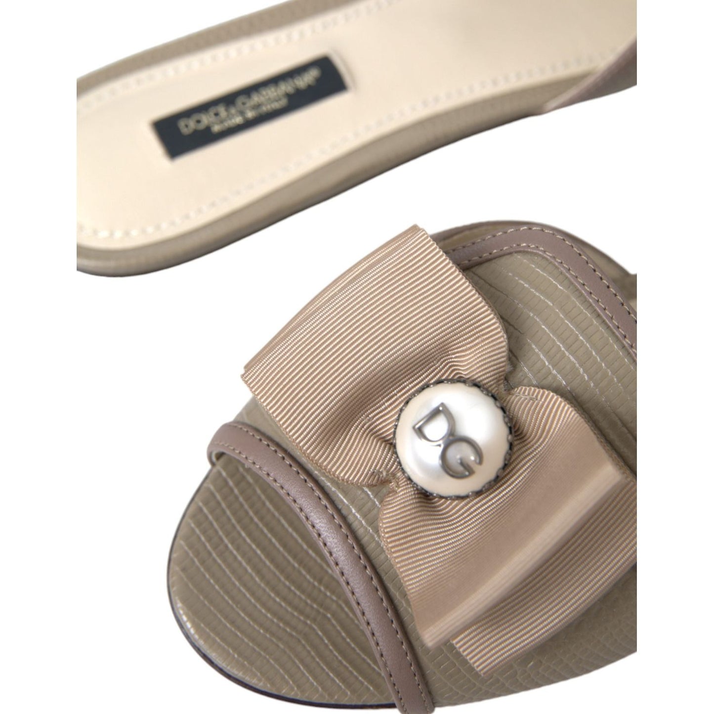 Dolce & Gabbana Beige Logo Pearl Flats Sandals Slides Shoes Dolce & Gabbana