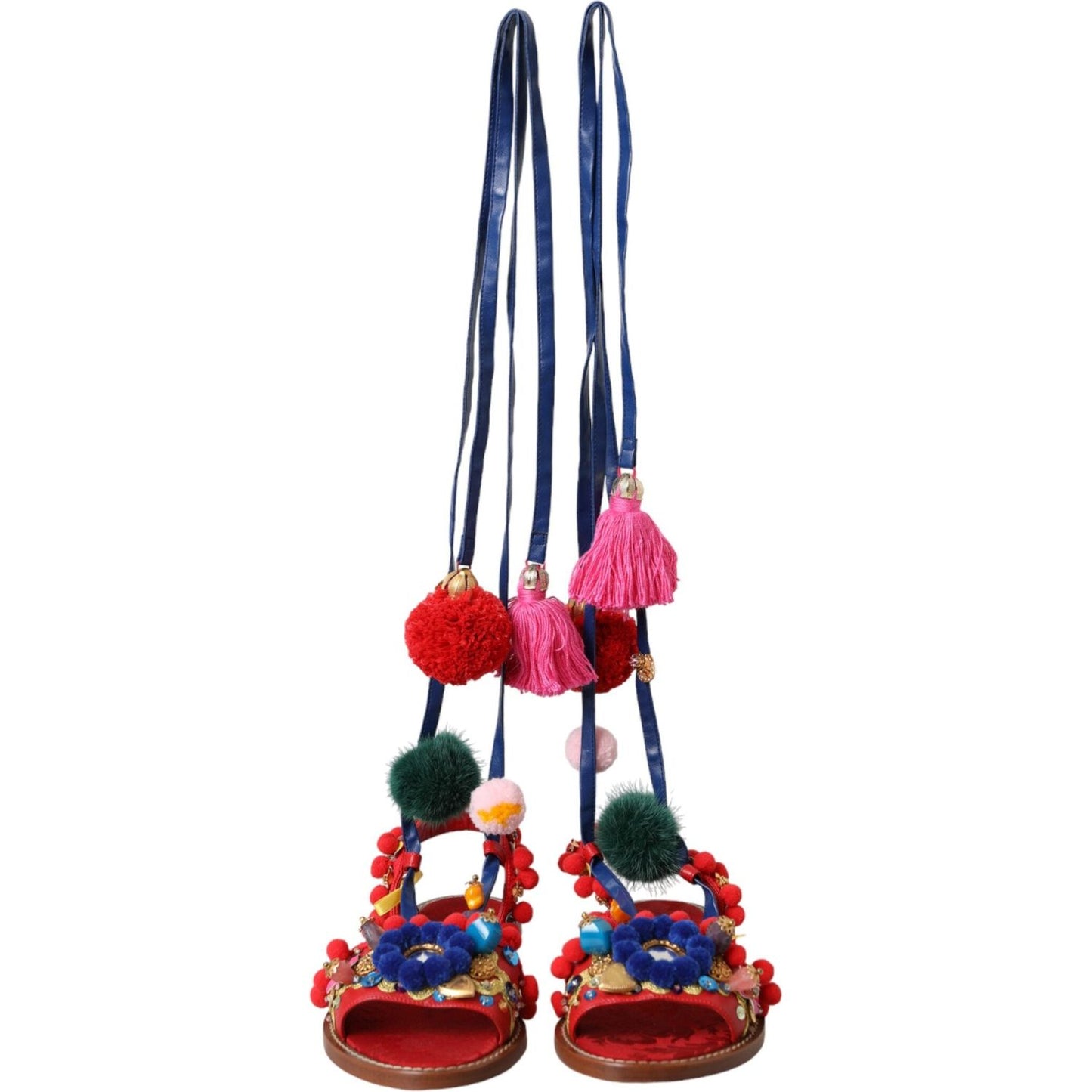 Dolce & Gabbana Multicolor Pom Pom Fur Wrap Sandals Shoes Dolce & Gabbana