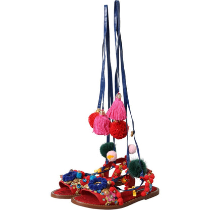 Dolce & Gabbana Multicolor Pom Pom Fur Wrap Sandals Shoes