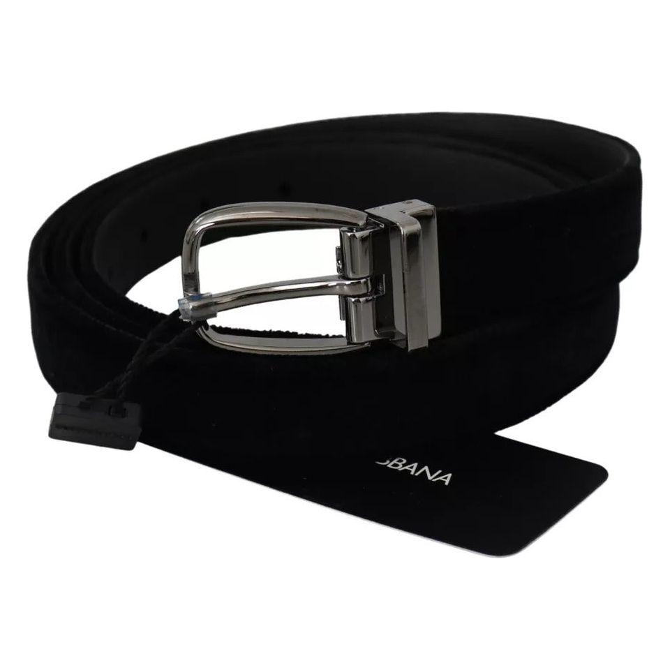 Dolce & Gabbana Black Velvet Silver Tone Metal Buckle Men Belt Dolce & Gabbana