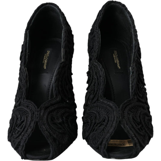 Dolce & Gabbana Black Cordonetto Ricamo Pump Open Toe Shoes Dolce & Gabbana