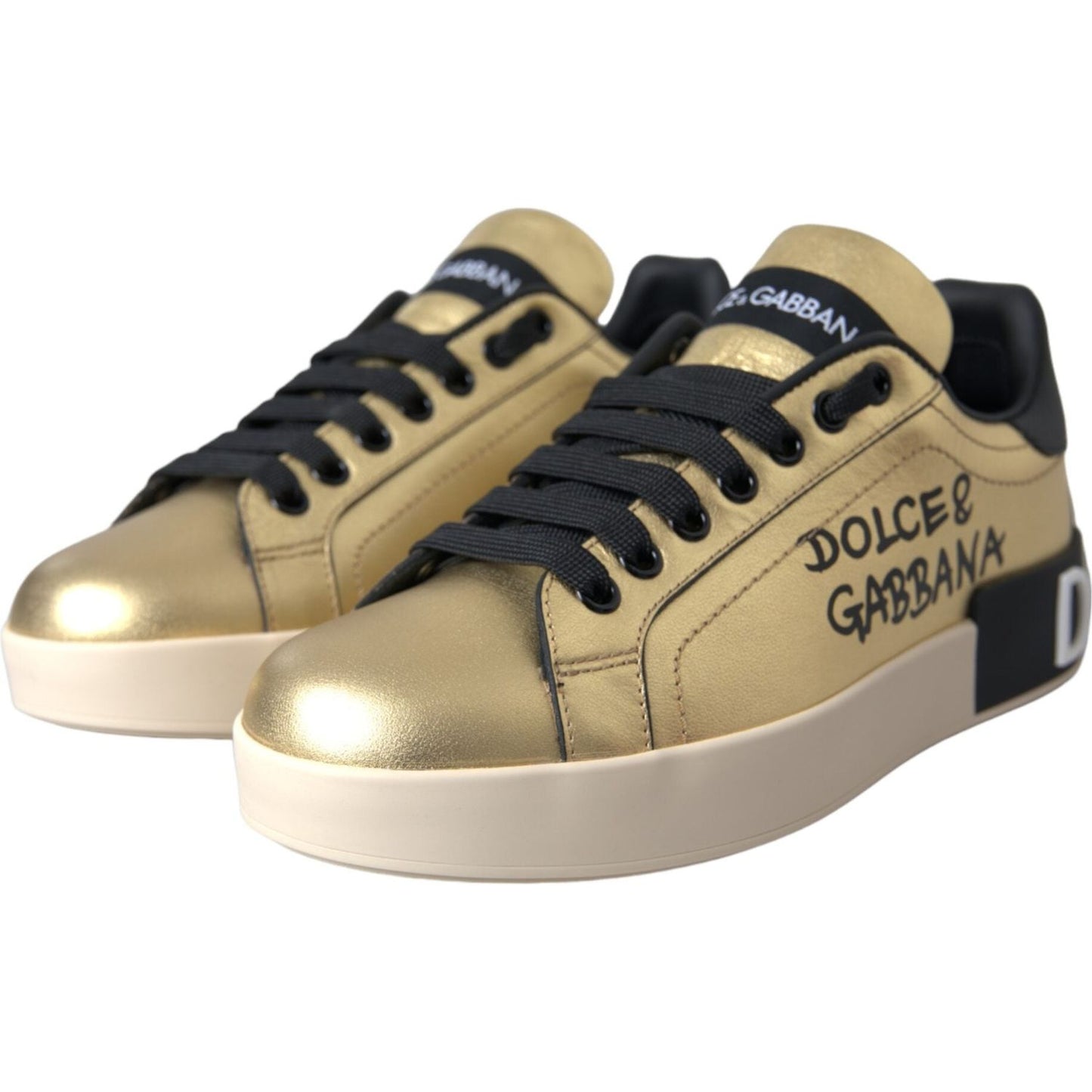 Dolce & Gabbana Gold Portofino Calf Leather Sneakers Women Shoes Dolce & Gabbana