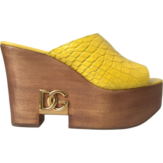 Dolce & Gabbana Yellow Leather Wood Mule Wedge Slides Shoes Dolce & Gabbana