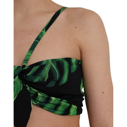 Dolce & Gabbana Black Green Leaf Silk Halter Cropped Top