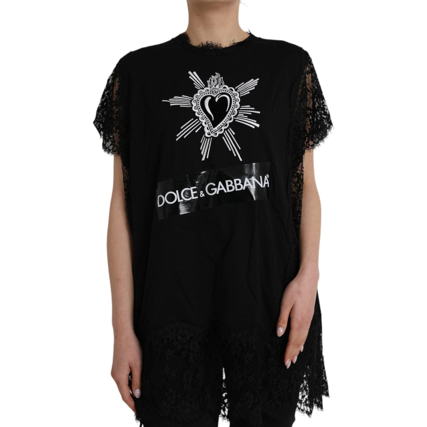 Dolce & Gabbana Black Sacred Heart Print Cotton Lace T-shirt Dolce & Gabbana