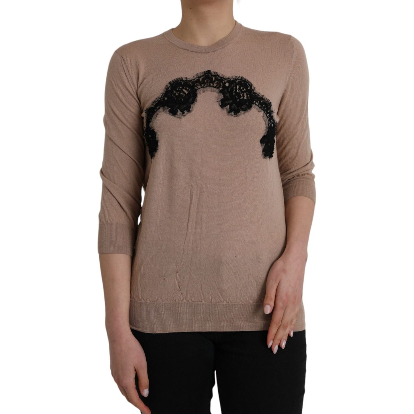 Dolce & Gabbana Brown Wool Black Lace 3/4 Sleeve Blouse Top Dolce & Gabbana