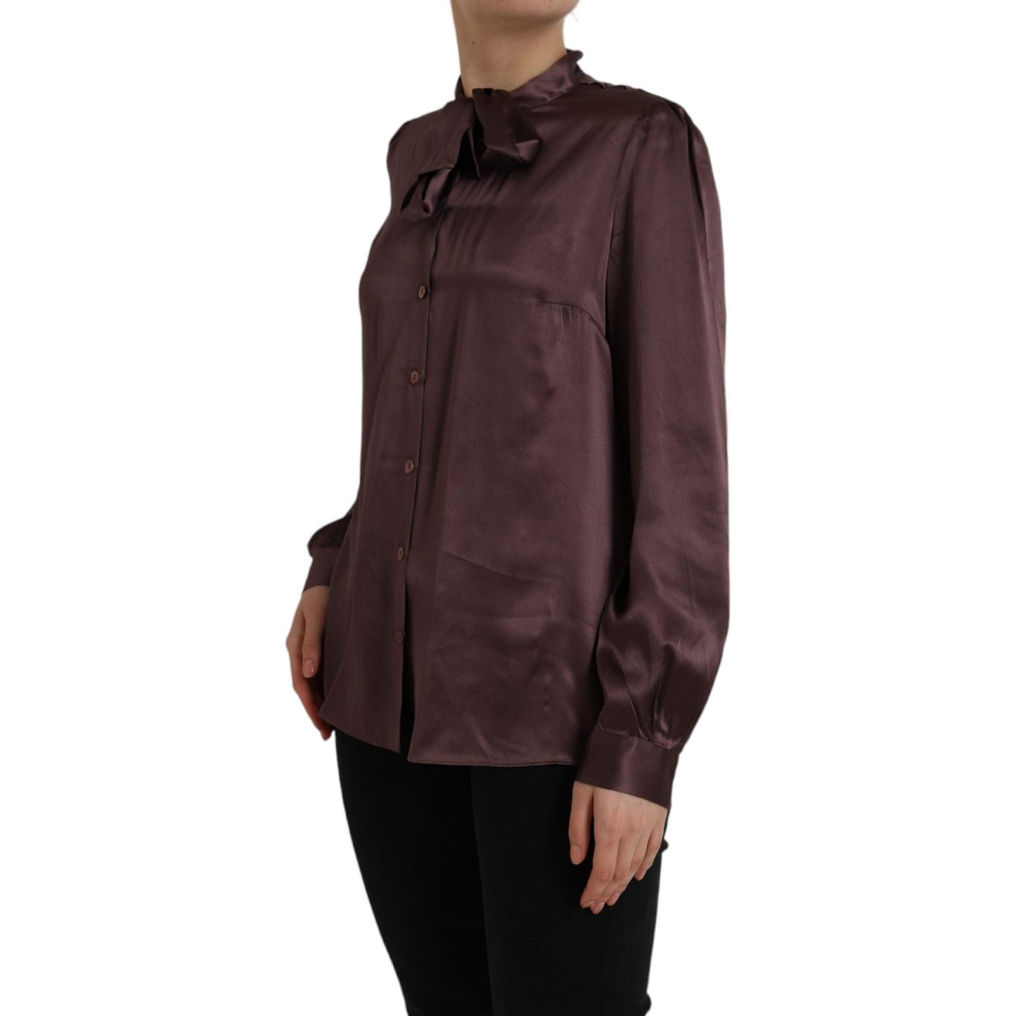 Dolce & Gabbana Brown Ascot Collar Long Sleeve Top Blouse Dolce & Gabbana