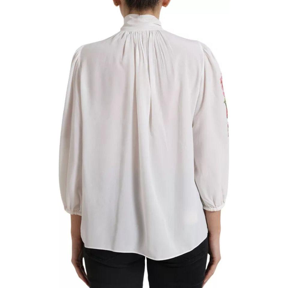 Dolce & Gabbana White Floral Silk Ascot Collared Top Blouse Dolce & Gabbana