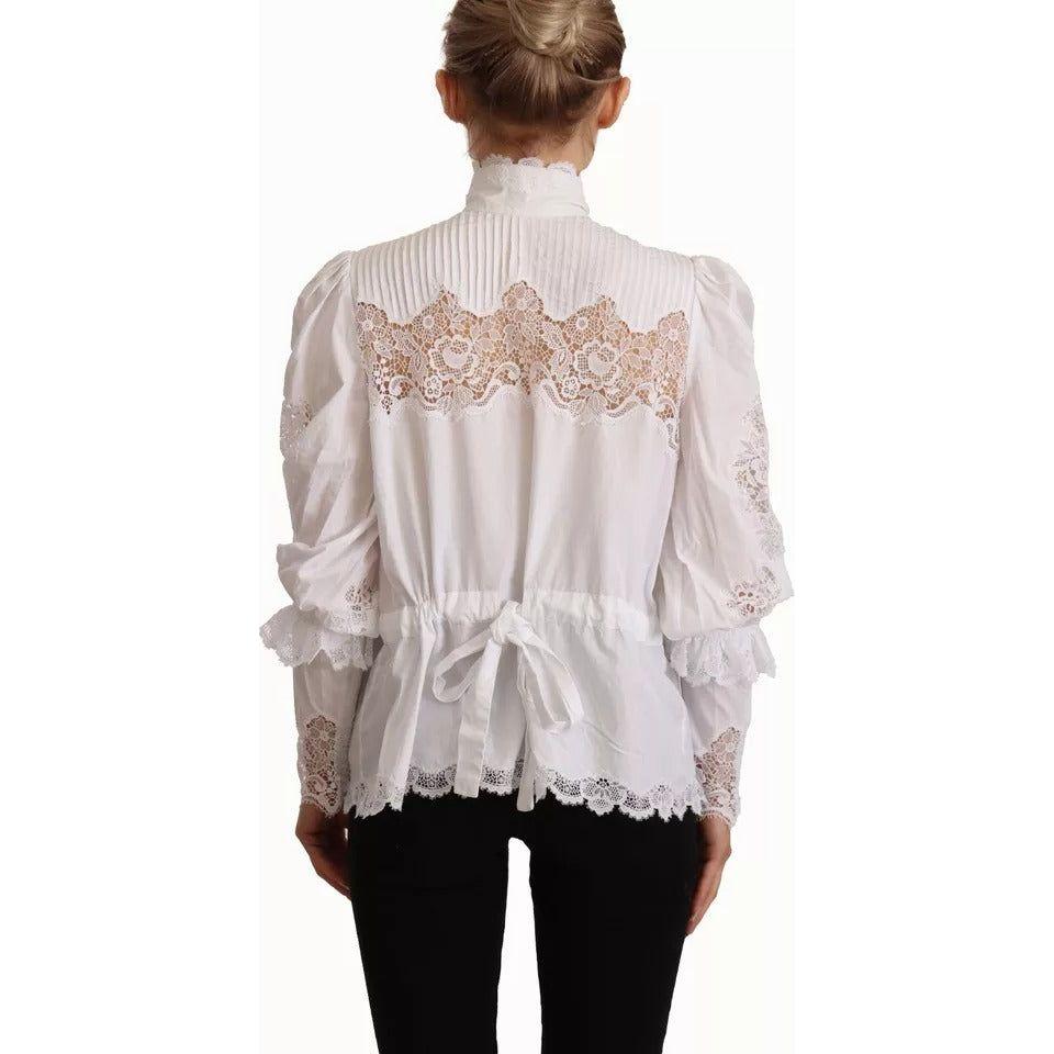 Dolce & Gabbana White Cotton Lace Trim Turtle Neck Blouse Top Dolce & Gabbana