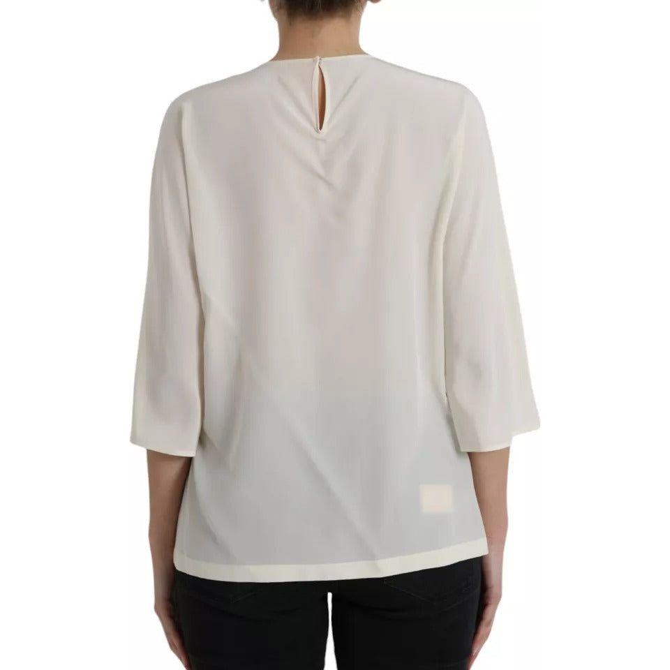 Dolce & Gabbana White Silk Crystal 3/4 Sleeves Blouse Top Dolce & Gabbana