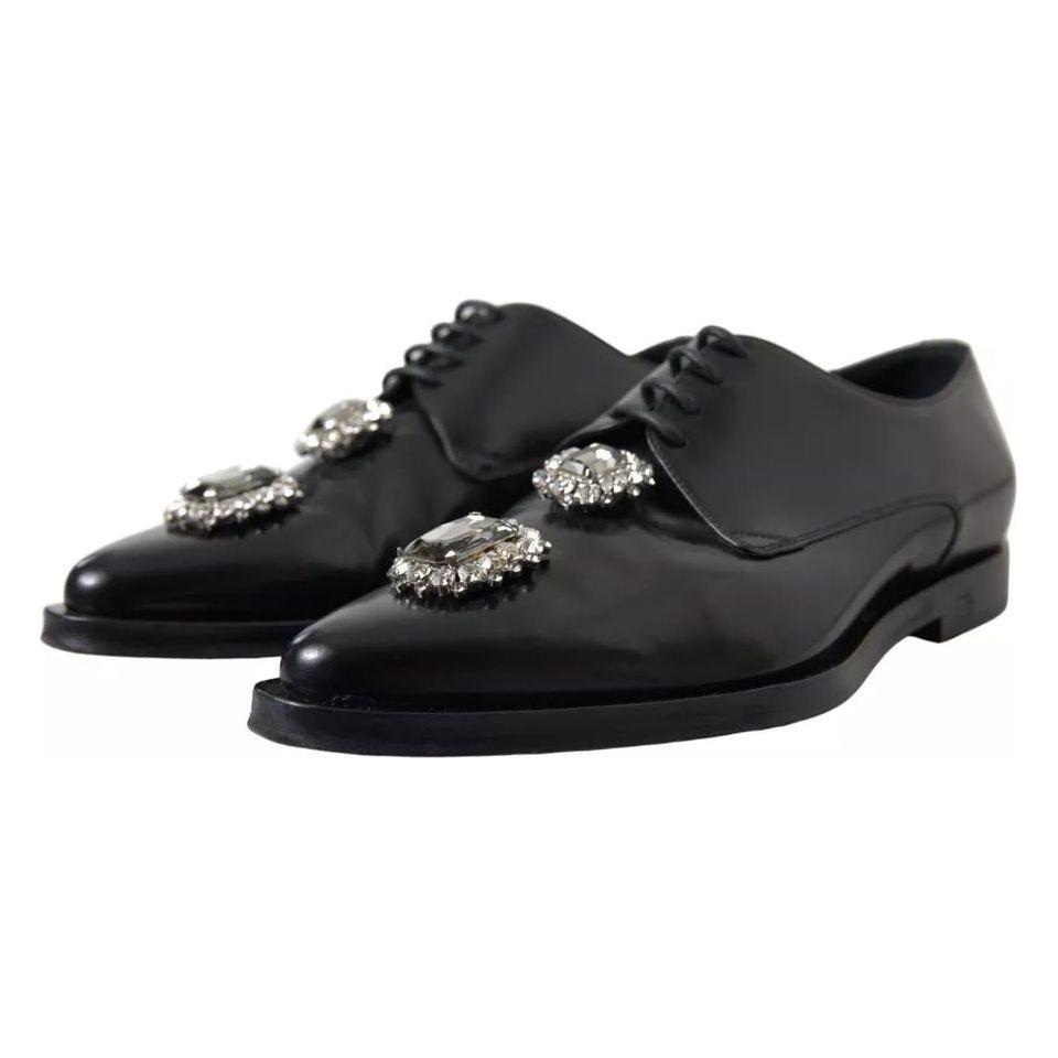 Dolce & Gabbana Black Leather Crystal Lace Up Formal Shoes Dolce & Gabbana