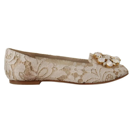 Dolce & Gabbana Beige Lace Crystal Ballet Flats Loafers Shoes Dolce & Gabbana