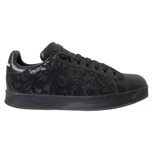 Dolce & Gabbana Black Floral Lace Leather Women Sneakers Shoes Dolce & Gabbana