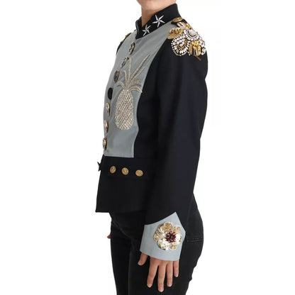 Dolce & Gabbana Blue Button Crystal Embellished Cotton Jacket