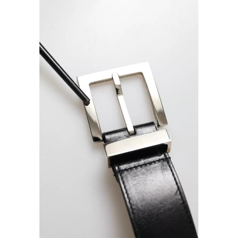 Dolce & Gabbana Black Leather Beige Strap Silver Metal Buckle Belt Dolce & Gabbana