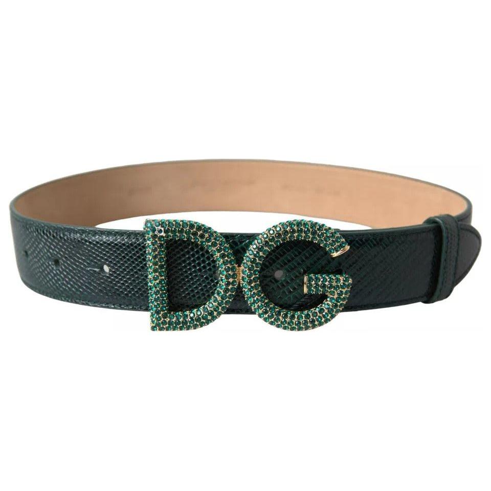 Dolce & Gabbana Green Iguana Leather DG Crystal Gold Buckle Belt Dolce & Gabbana