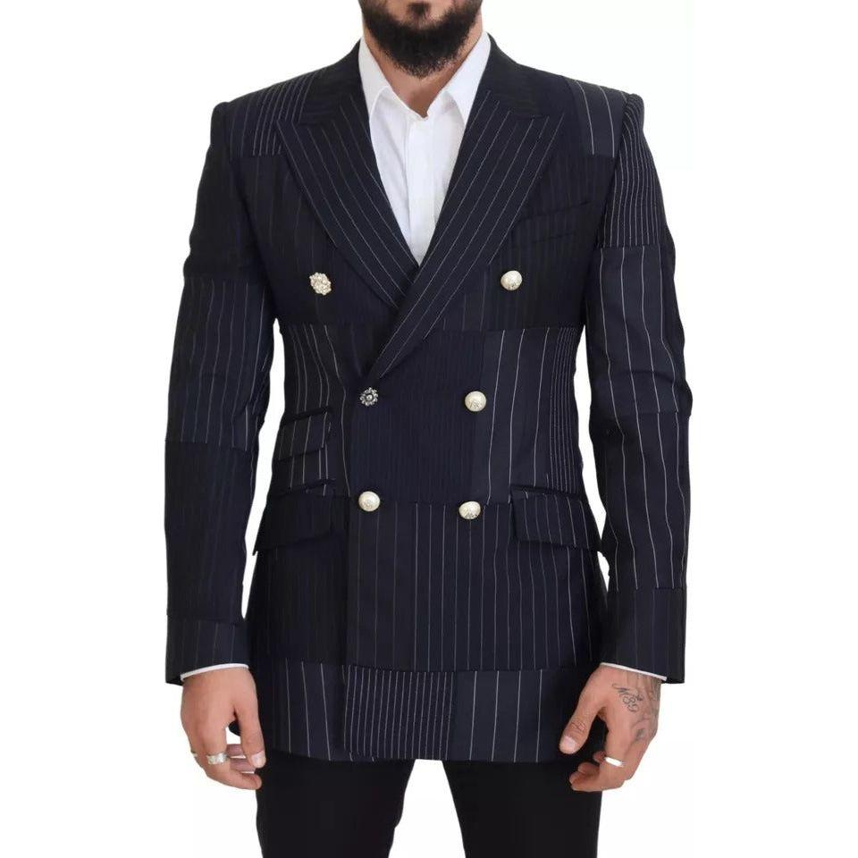 Dolce & Gabbana Blue Wool Patchwork Double Breasted Blazer Dolce & Gabbana