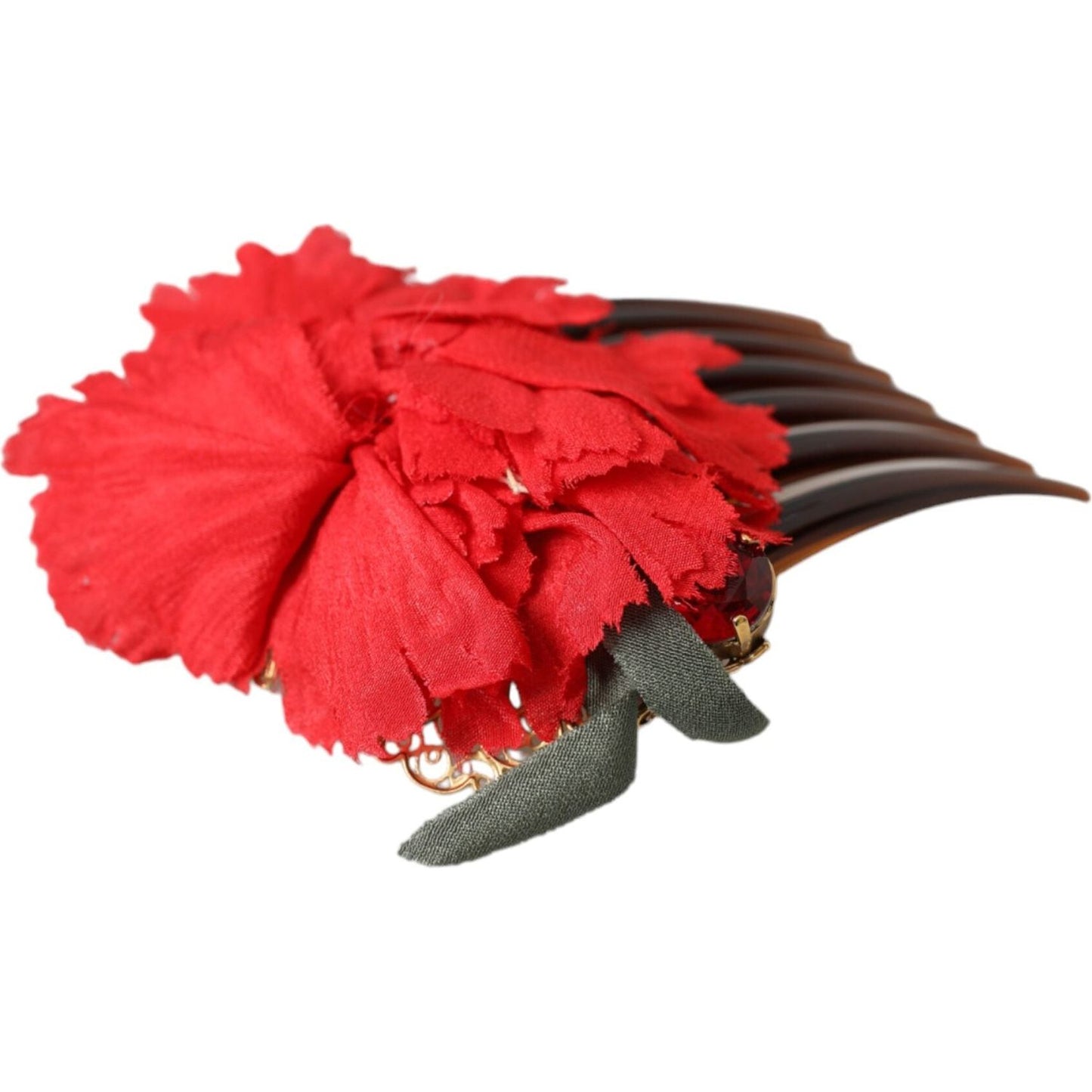 Dolce & Gabbana Red Silk Floral Gold Brass Women Hair Comb FASHION ACCESSORIES Dolce & Gabbana