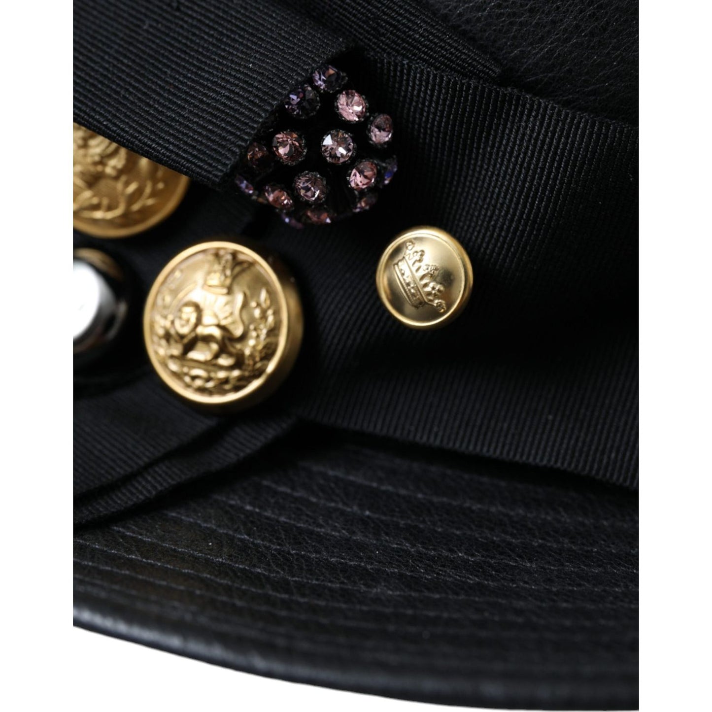 Dolce & Gabbana Black Leather DG Coin Crystal Wide Brim Hat Dolce & Gabbana